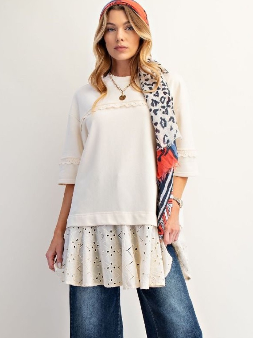 Easel Ivory Round Neck Eyelet Lace Short sleeve tunic top